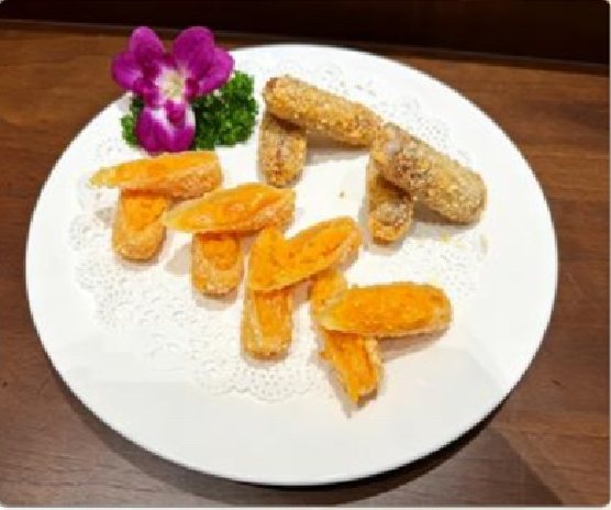 潮汕食府菜单菜品：A6 手工芋泥蛋黄卷 Handmade Taro and Salted Egg Rolls