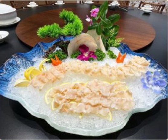 潮汕食府菜单菜品：M22 刺身特级象拔蚌（活）/克 Live Premium Geoduck Sashimi